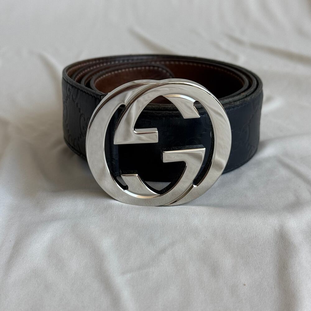 Gucci Guccissima Leather Belt - Black, Silver Interlocking G, Size 95cm